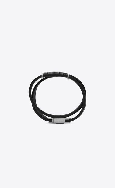 Bracelet double tour YSL en cuir noir et métal argenté brossé